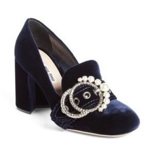 Miu Miu Pearly-Buckle Velvet Mary Jane Pumps, Blue